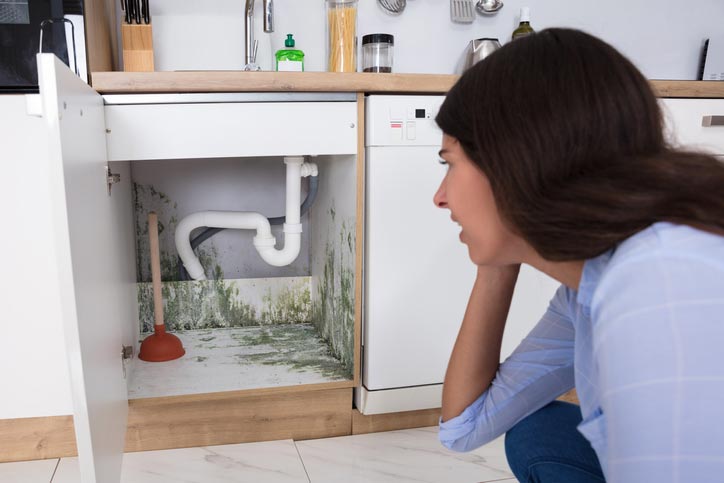 Woman-Looking-At-Mold-In-Cabinet-Area